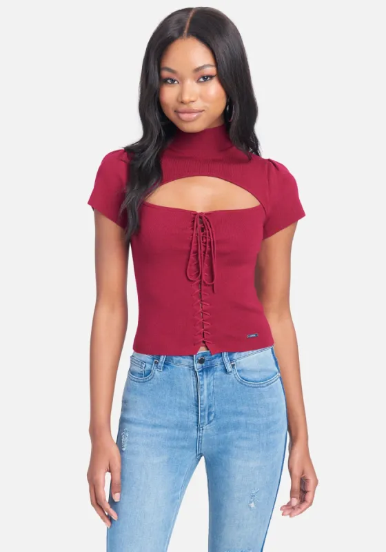 Lace Up Keyhole Sweater Knit Top sold by Bebe