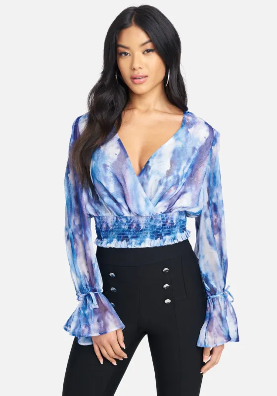 Long Sleeve Surplice Woven Top sold by Bebe