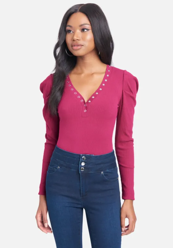 Ruched Long Sleeve Rib Knit Top sold by Bebe