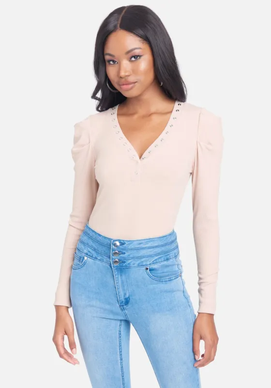 Ruched Long Sleeve Rib Knit Top sold by Bebe