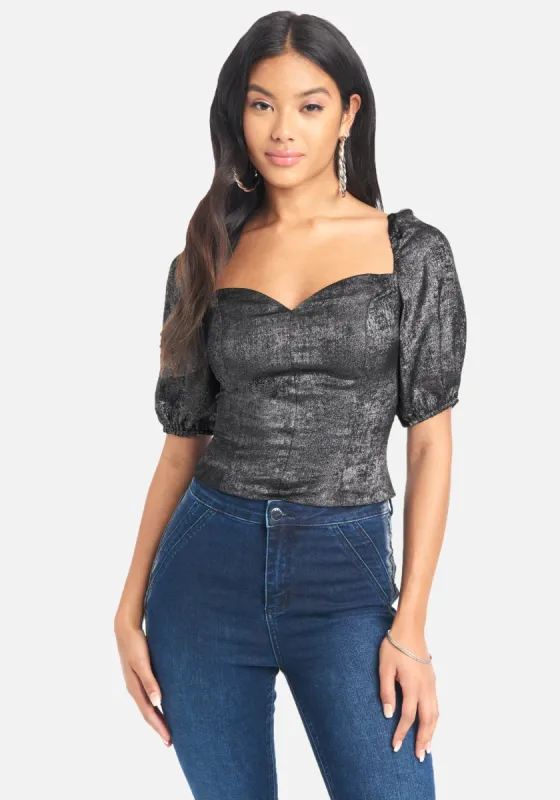 Metallic Puff Sleeve Sweetheart Woven Top sold by Bebe