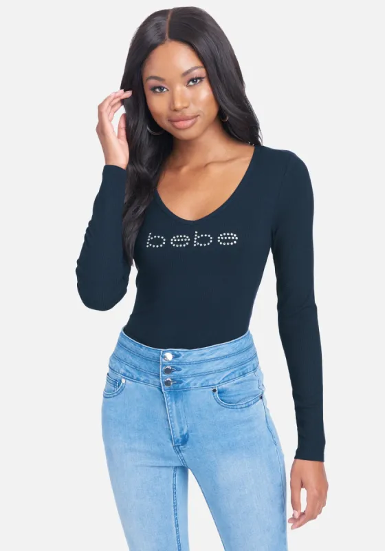 Crystal Logo V-Neck Long Sleeve Tee sold by Bebe