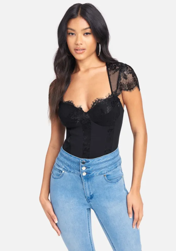 Lace and Shiny Knit Bustier Crop Top sold by Bebe