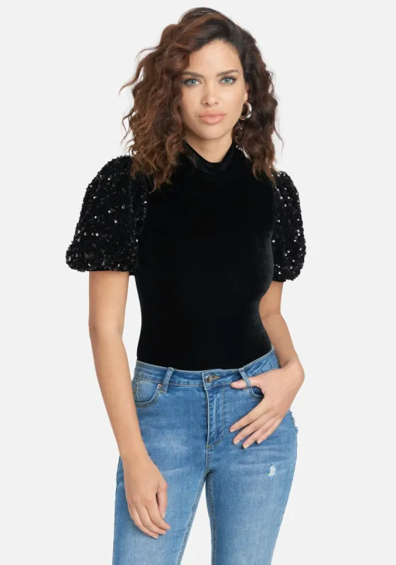 Sequin Puff Sleeve Velour Top sold by Bebe