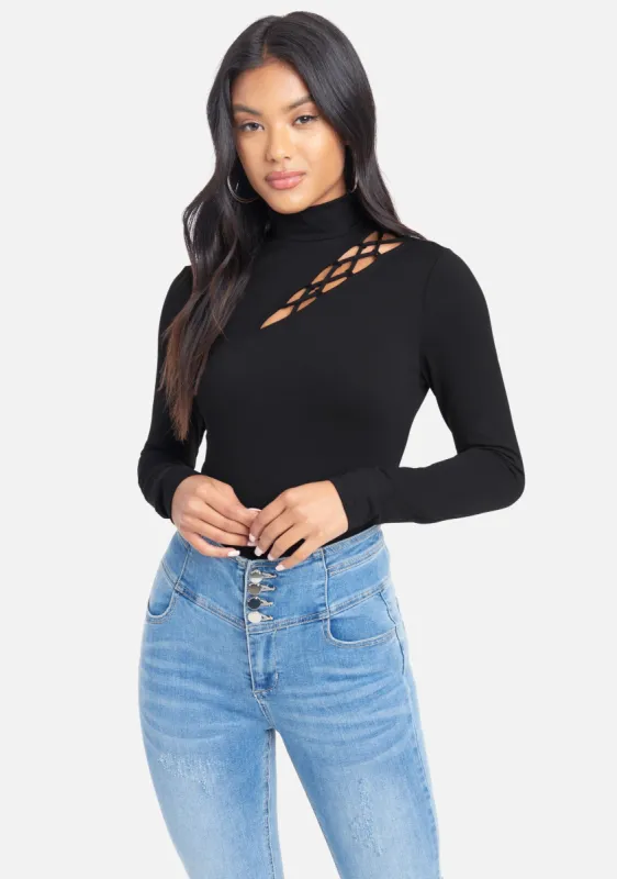 Mock Neck Cut Out Knit Top sold by Bebe