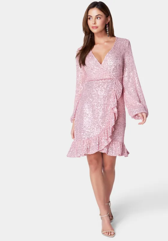 Sparkle Wrap Mini Dress sold by Bebe