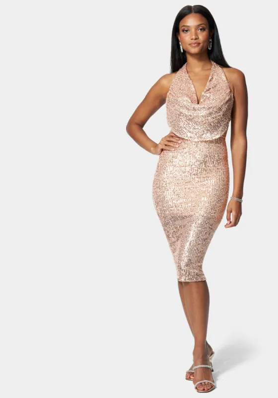 Sequin Cowl Dress sold by Bebe