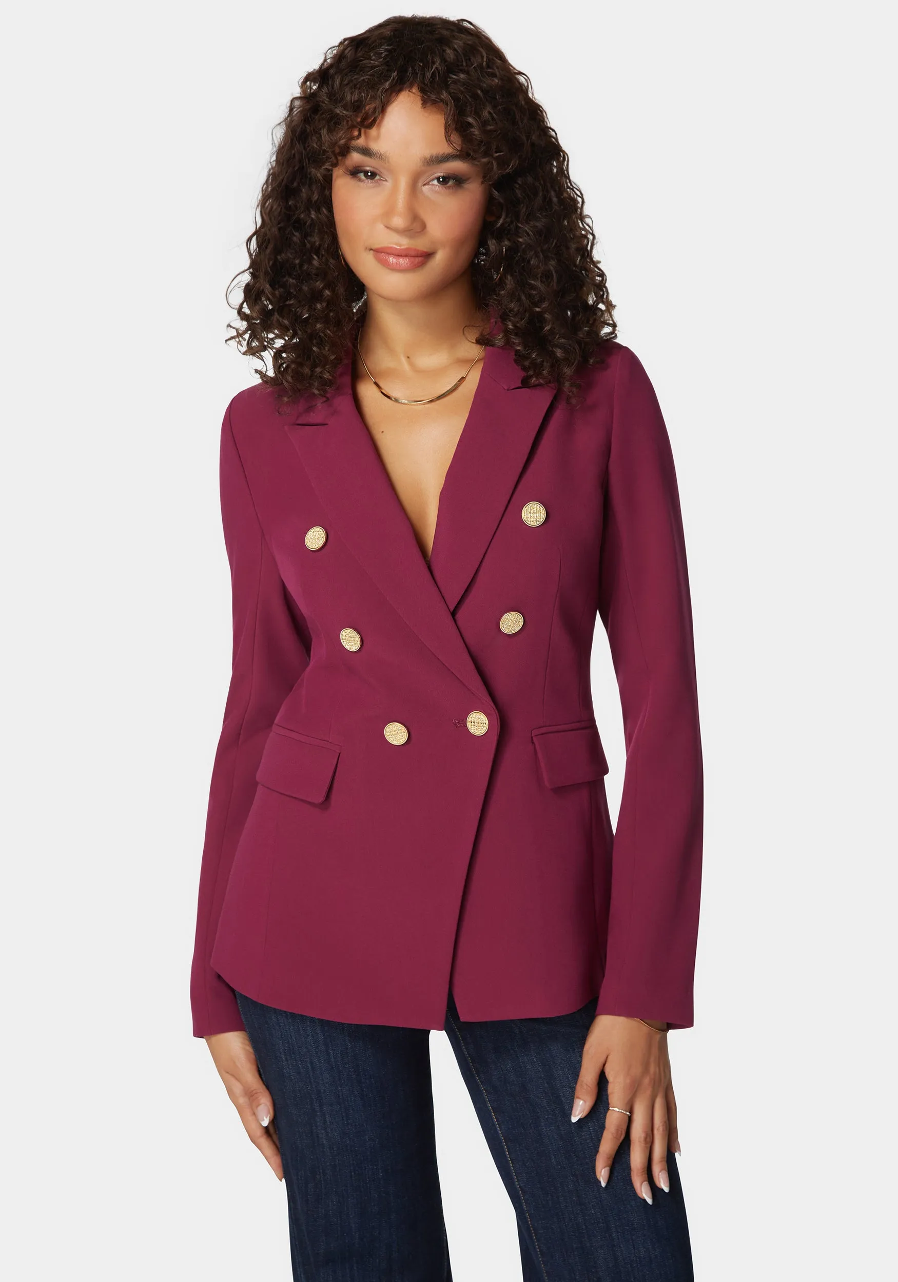 Double Breast Tailored Woven Twill Blazer sold by Bebe
