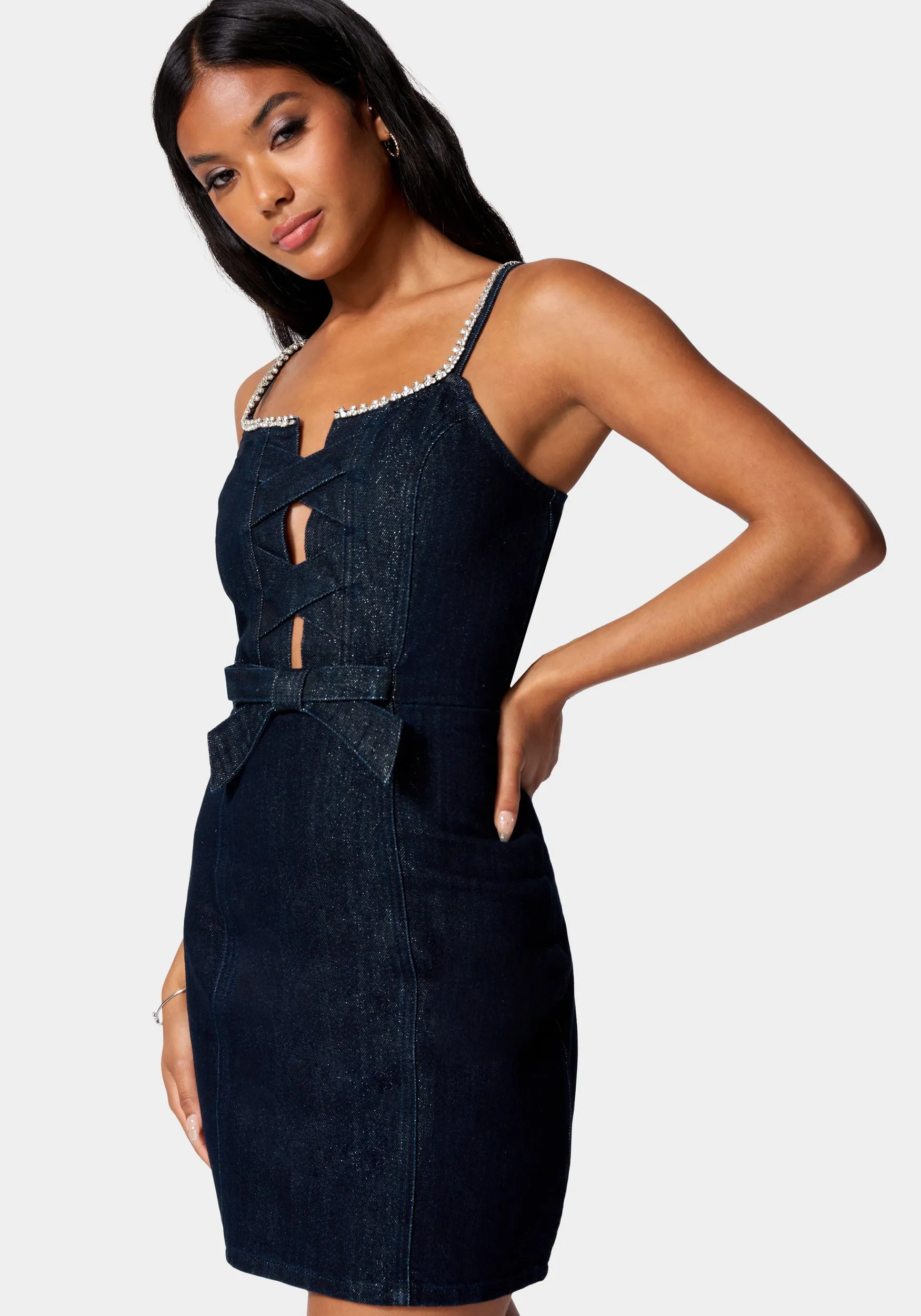Bow Detail Rhinestone Strap Glitter Denim Dress sold by Bebe product image thumbnail 2