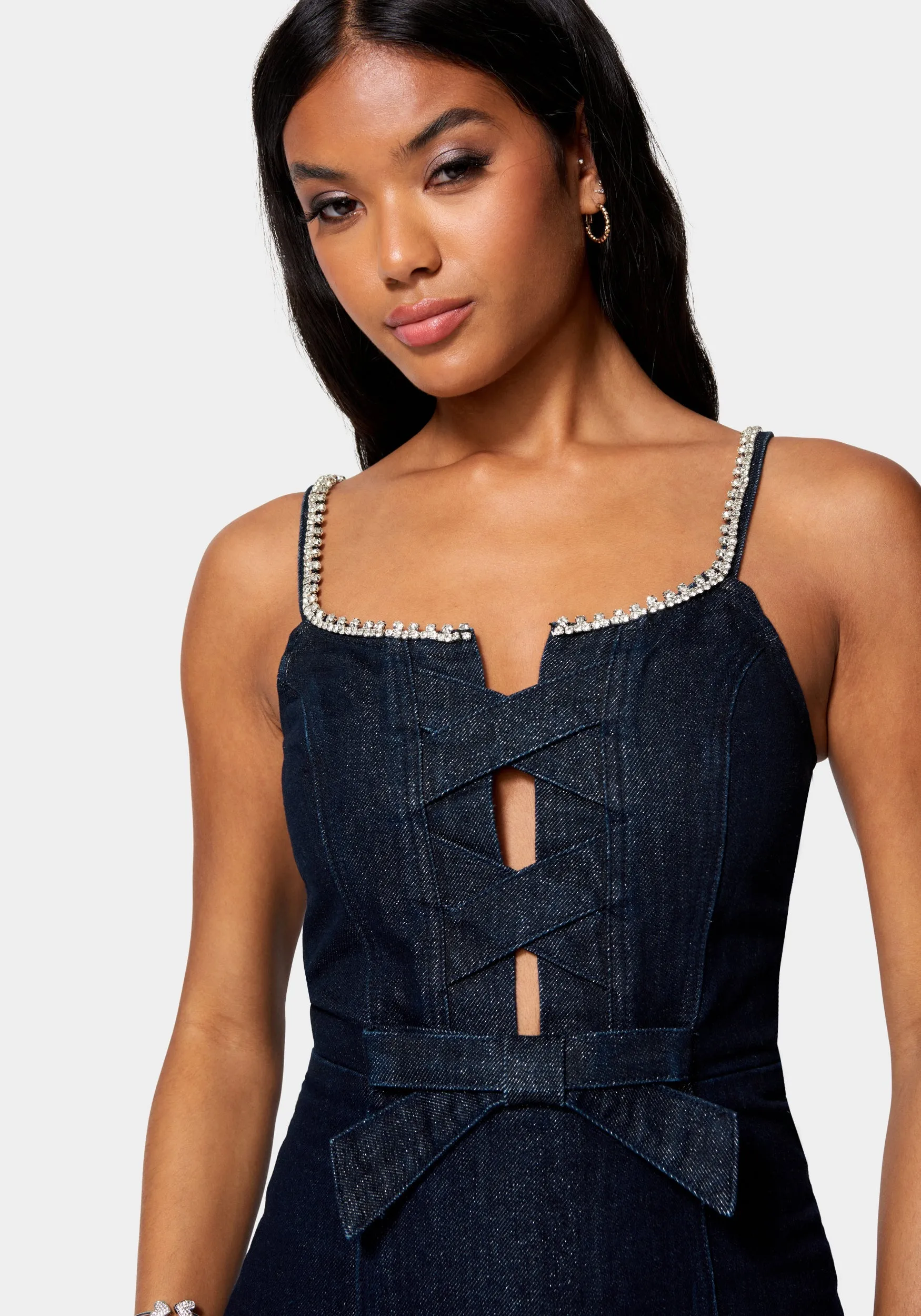 Bow Detail Rhinestone Strap Glitter Denim Dress sold by Bebe product image thumbnail 4