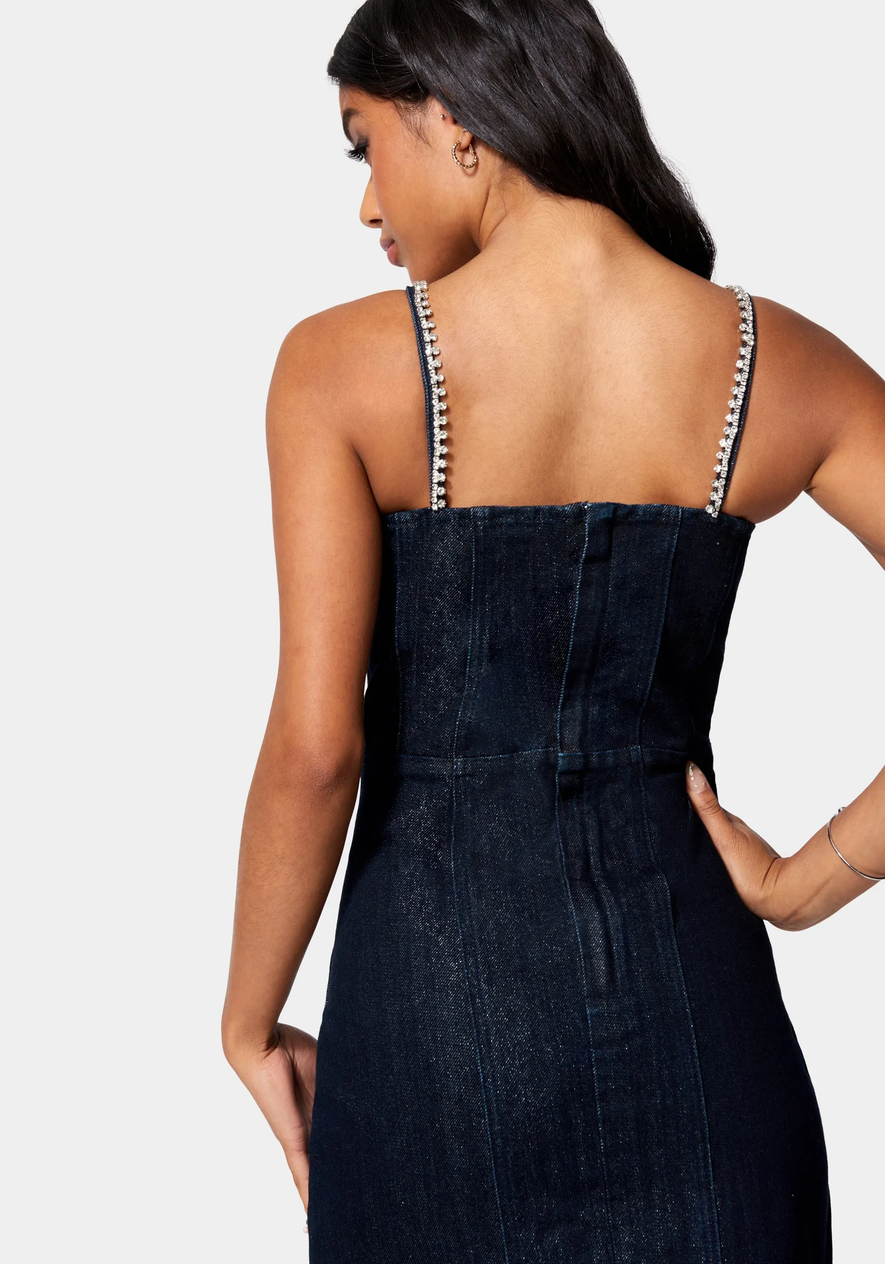 Bow Detail Rhinestone Strap Glitter Denim Dress sold by Bebe product image thumbnail 3