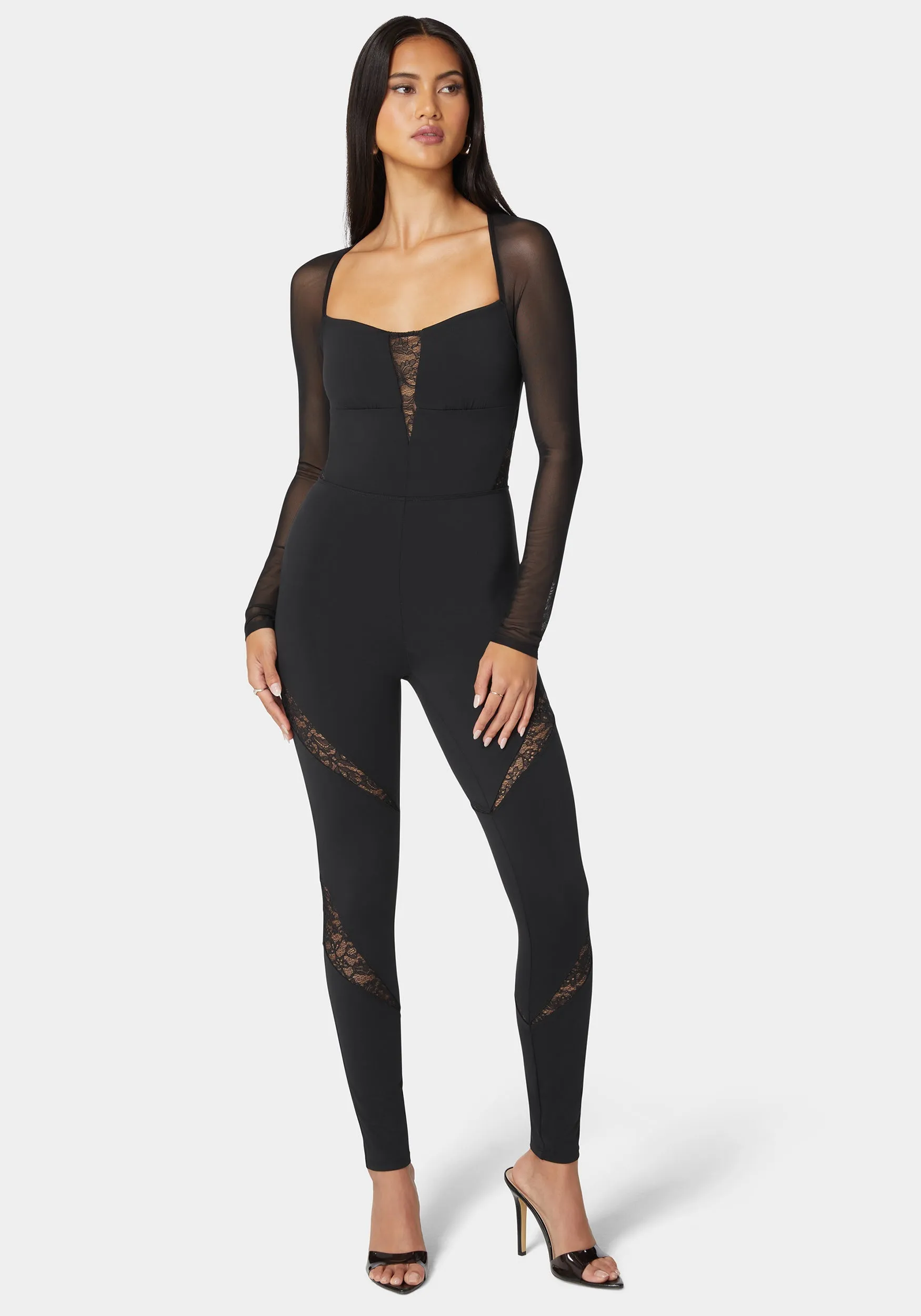 Mesh Sleeve Lace Insert Catsuit sold by Bebe