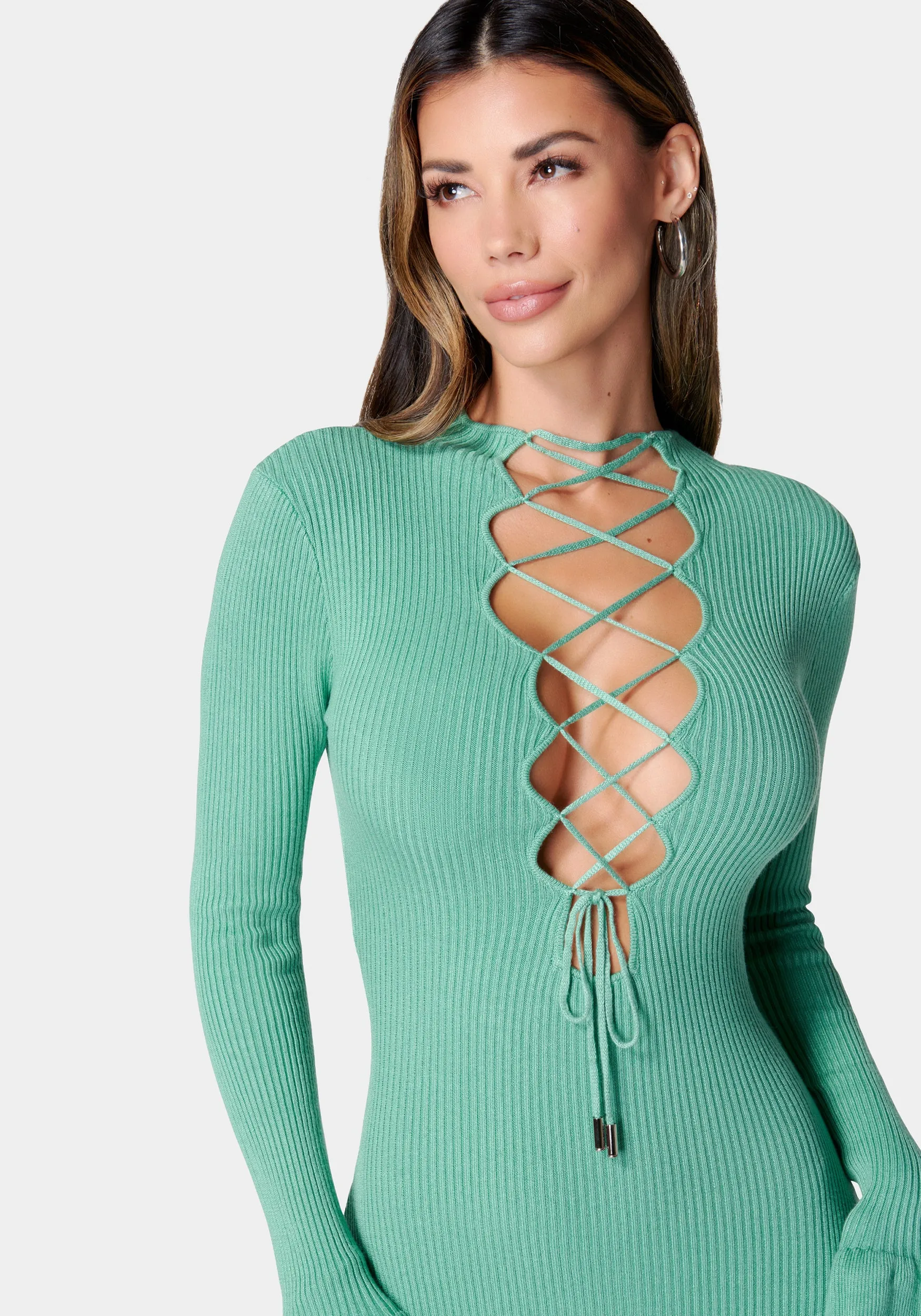 Lace-Up Front Rib Knit Mini Dress sold by Bebe product image thumbnail 4