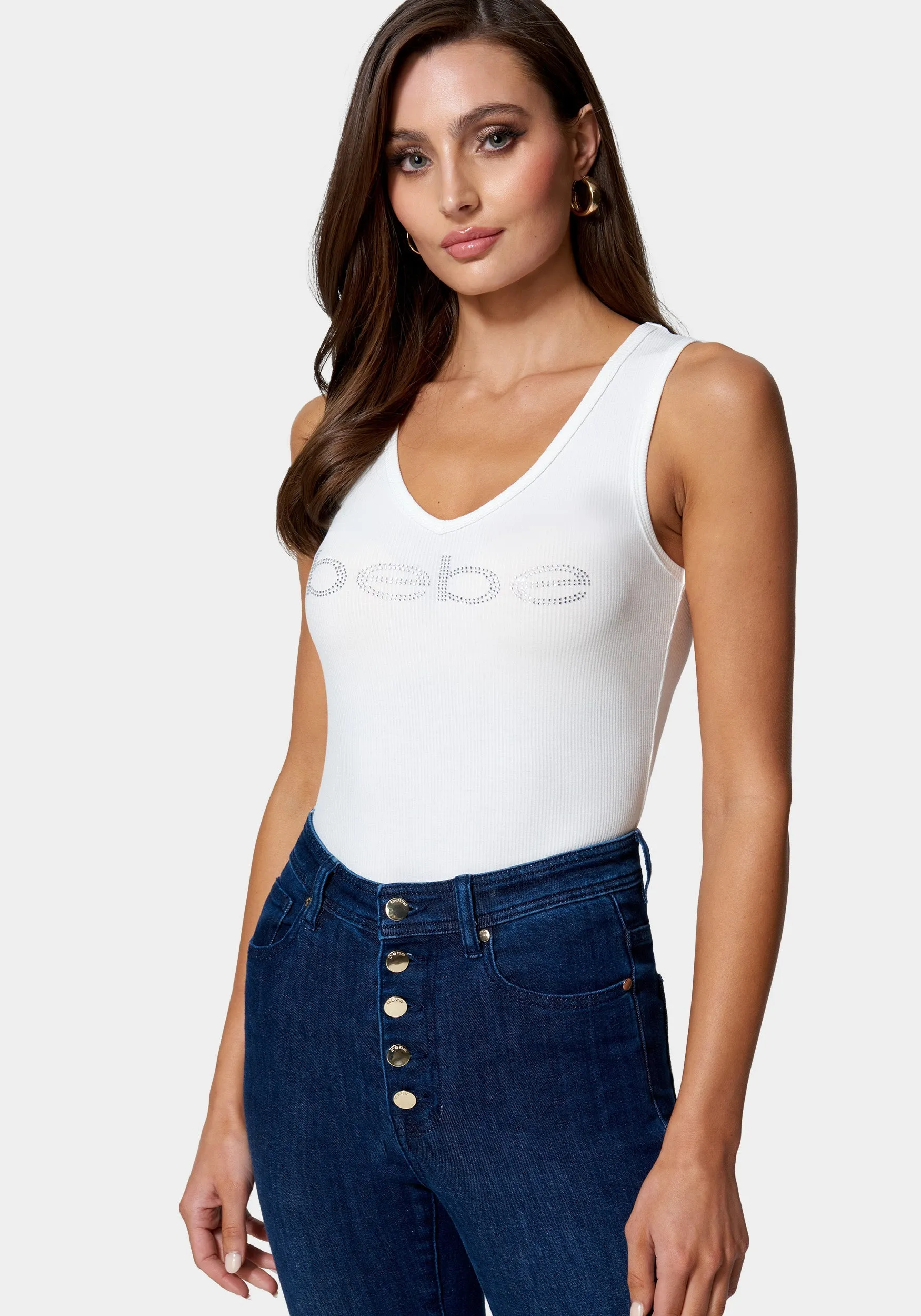 Bebe Logo V-Neck Rib Tank Top sold by Bebe