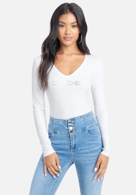 Crystal Logo V-Neck Long Sleeve Tee sold by Bebe