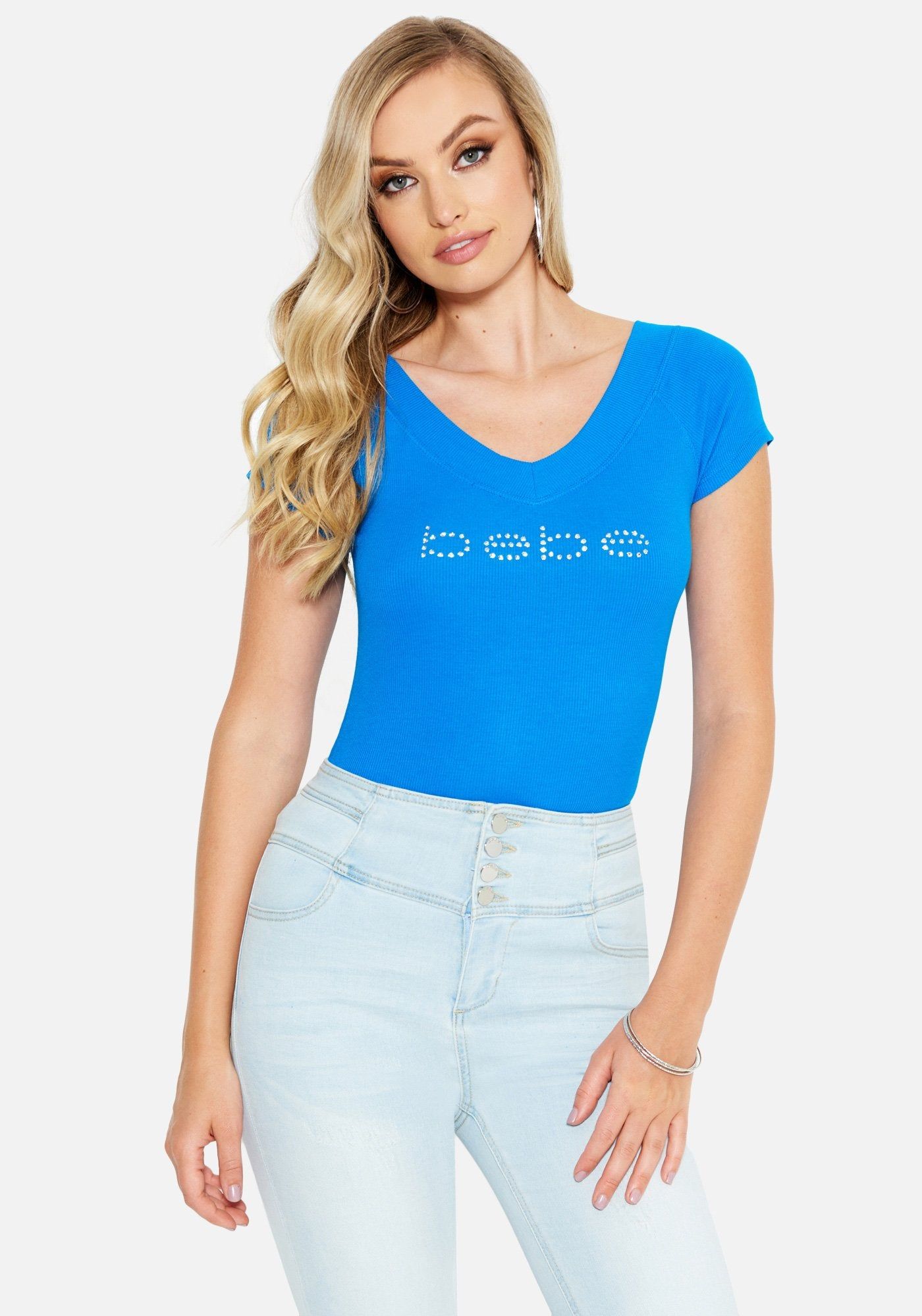 Crystal Logo Double V-Neck Short Sleeve Tee sold by Bebe