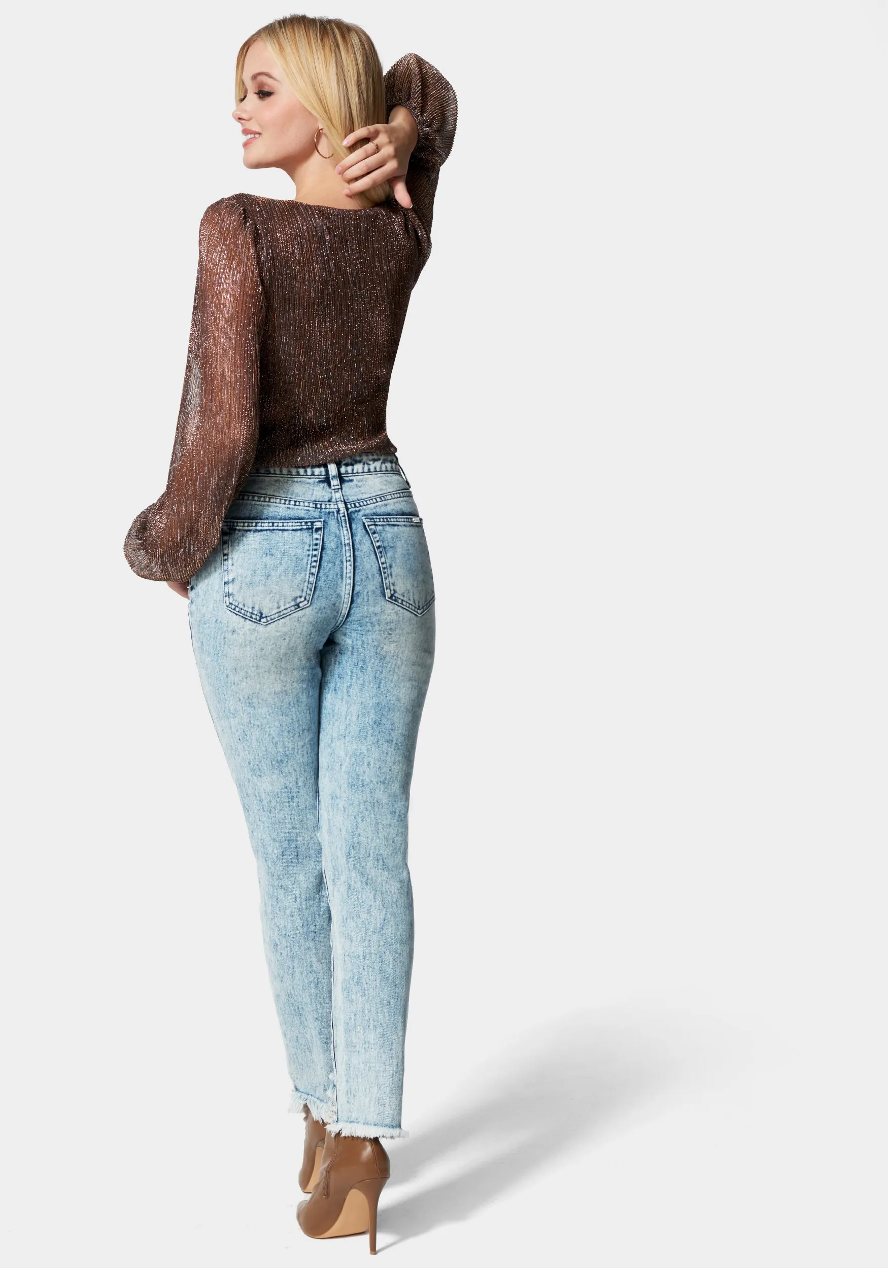 High Waist Distressed Straight Leg Jeans sold by Bebe product image thumbnail 3