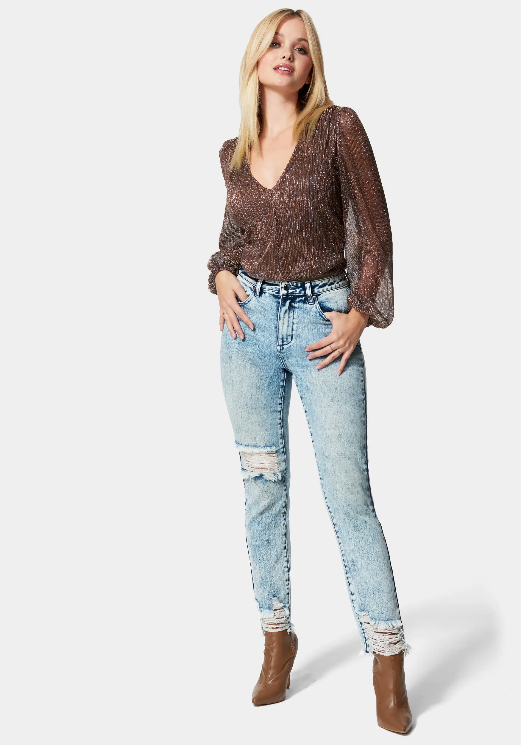 High Waist Distressed Straight Leg Jeans sold by Bebe product image thumbnail 2