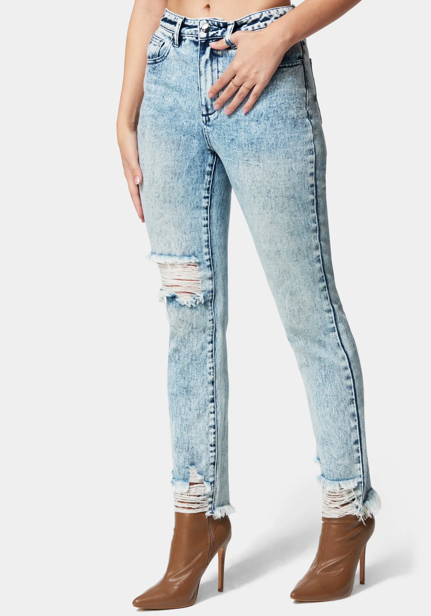 High Waist Distressed Straight Leg Jeans sold by Bebe