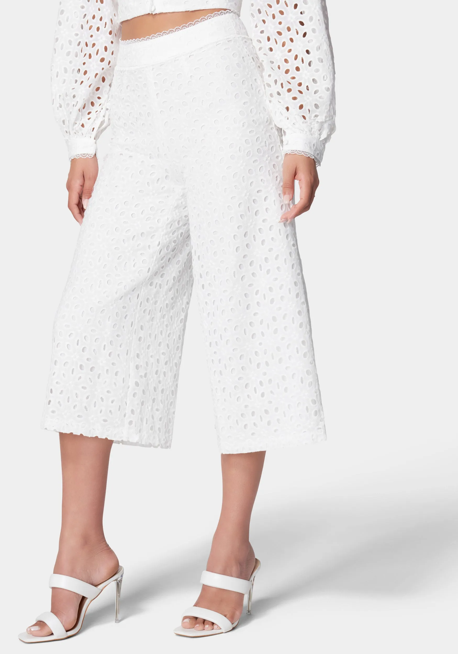 Eyelet Detail Wide Leg Pant sold by Bebe