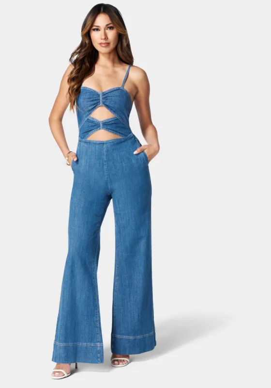 Double Ruched Front Band Palazzo Denim Jumpsuit sold by Bebe