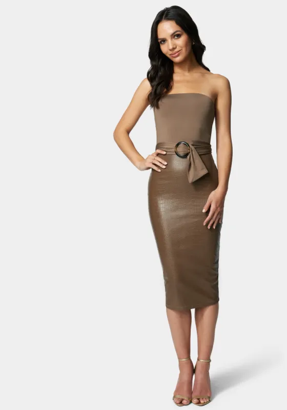Vegan Leather Belted Strapless Midi Dress sold by Bebe