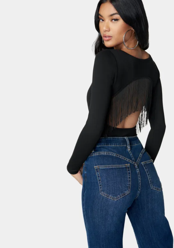Open Back Fringe Trim Bodysuit sold by Bebe