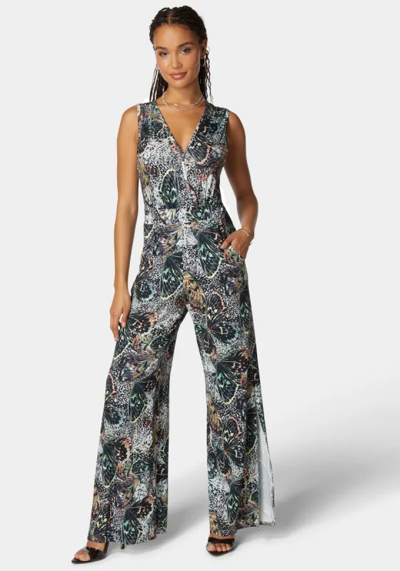 Printed Plunge Neck Jumpsuit sold by Bebe