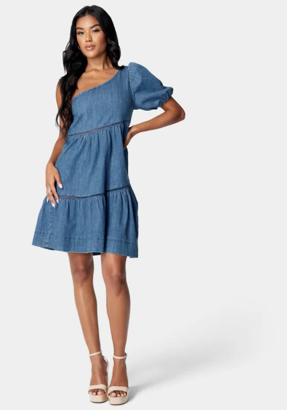 One Shoulder Asymmetric A Line Denim Dress sold by Bebe