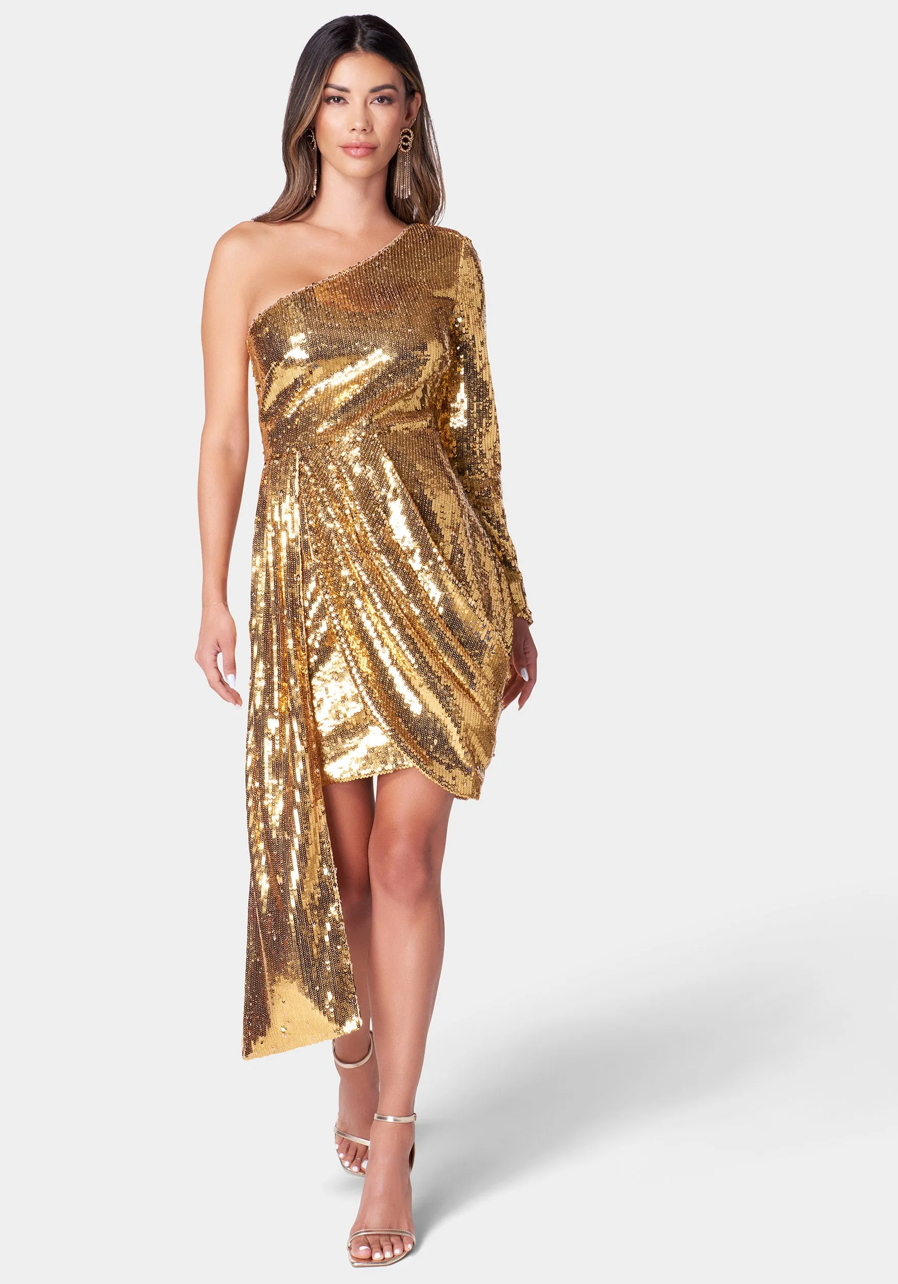 One Shoulder Sequin Sash Dress sold by Bebe