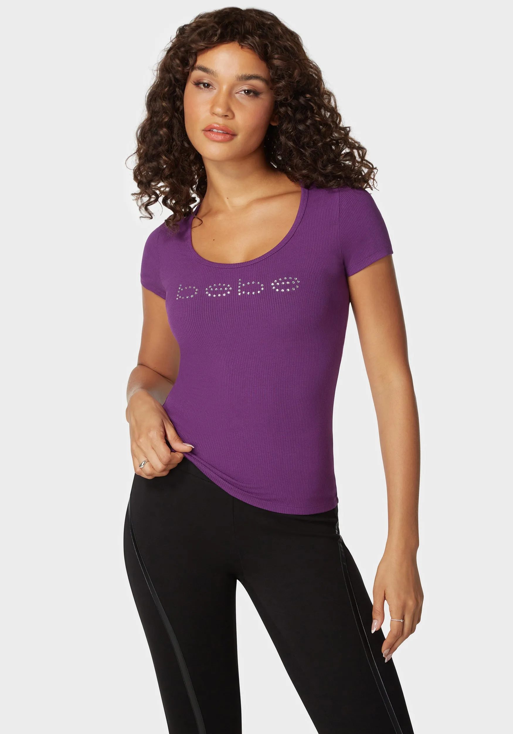 Bebe Logo Short Sleeve Scoop Neck Single Stone Rib Top sold by Bebe