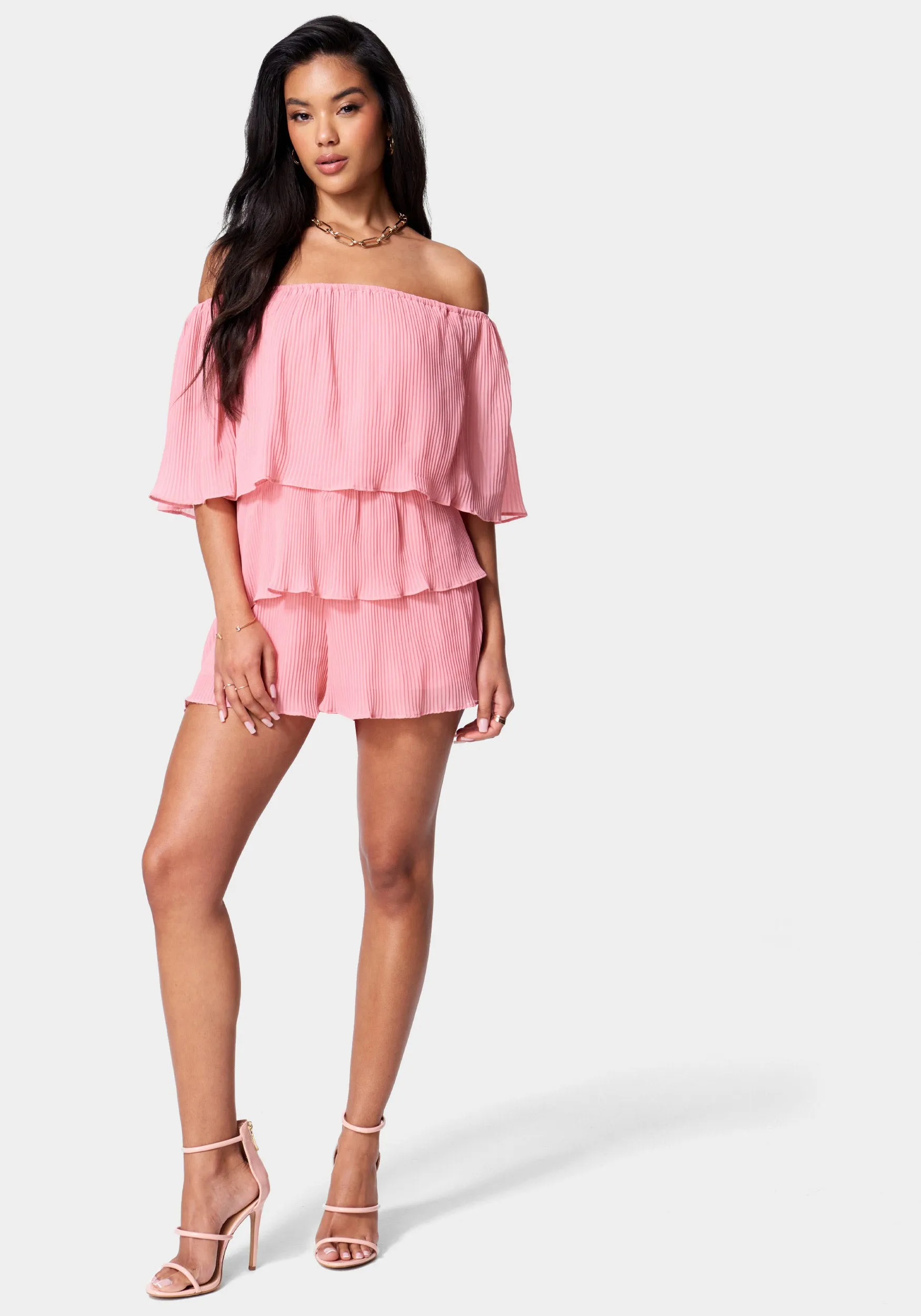 Tiered Ruffle Off Shoulder Romper sold by Bebe