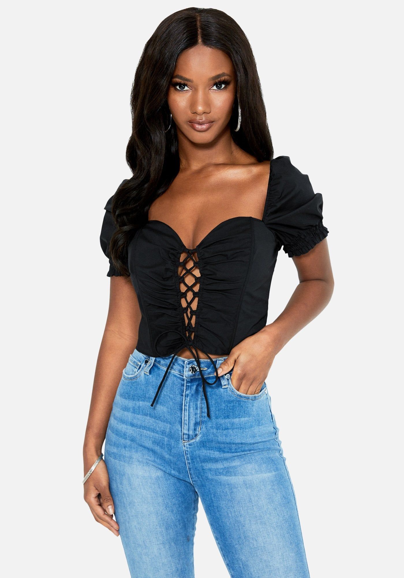 Lace Up Front Poplin Crop Top sold by Bebe