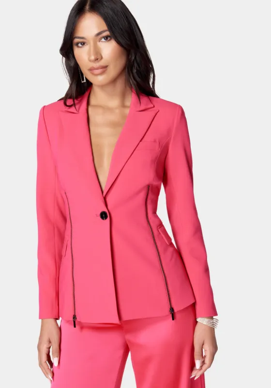 Satin Zipper Godet Tailored Jacket sold by Bebe