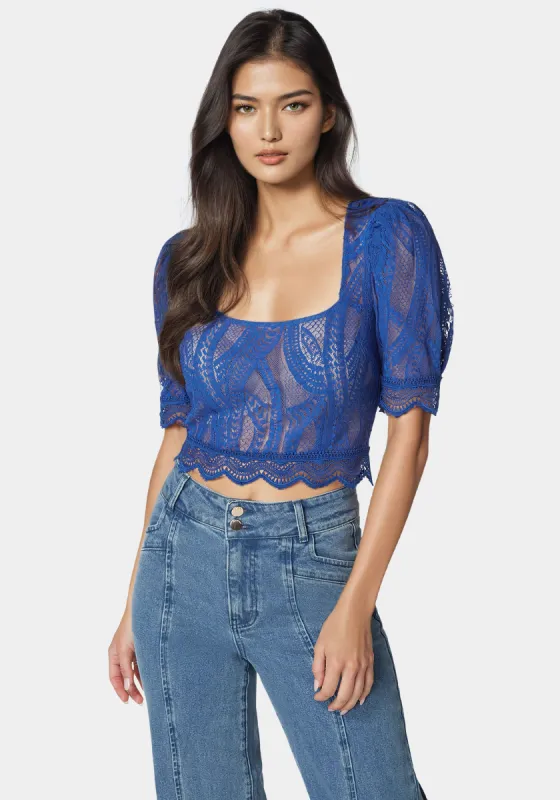Scallop Hem Lace Trapeze Neck Top sold by Bebe