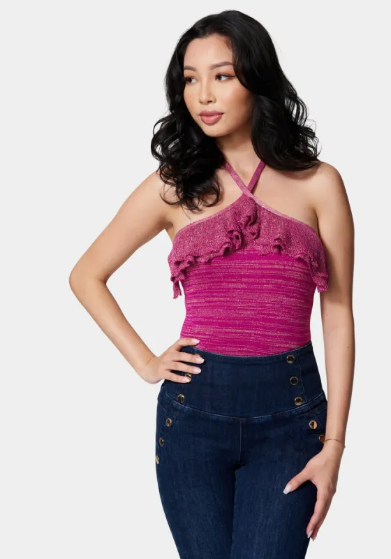 Halter Lurex Sweater Ruffle Top sold by Bebe