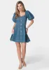 Sweetheart Balloon Puff Sleeve Denim Dress sold by Bebe