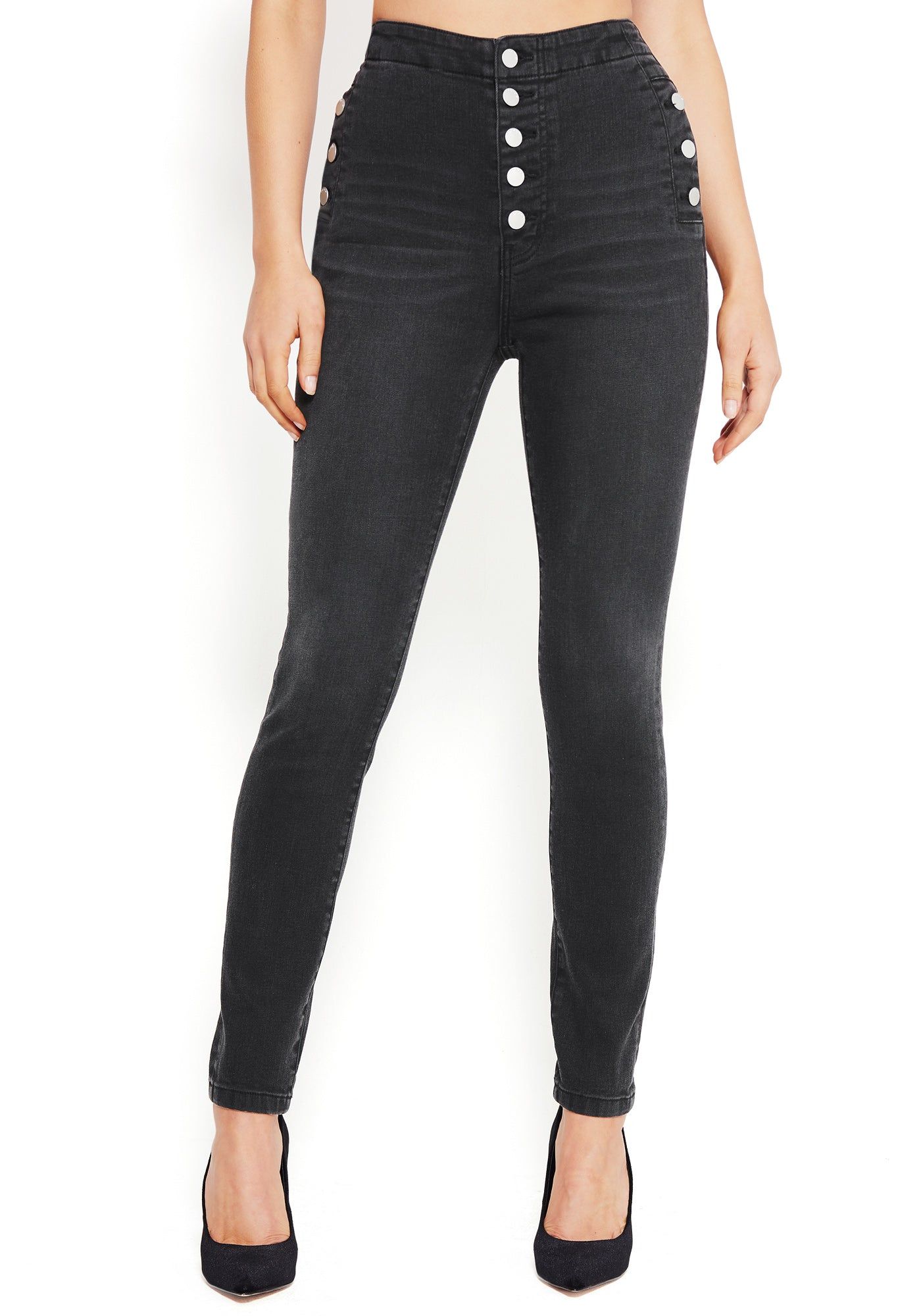 Button Trim High Waist Jeans sold by Bebe