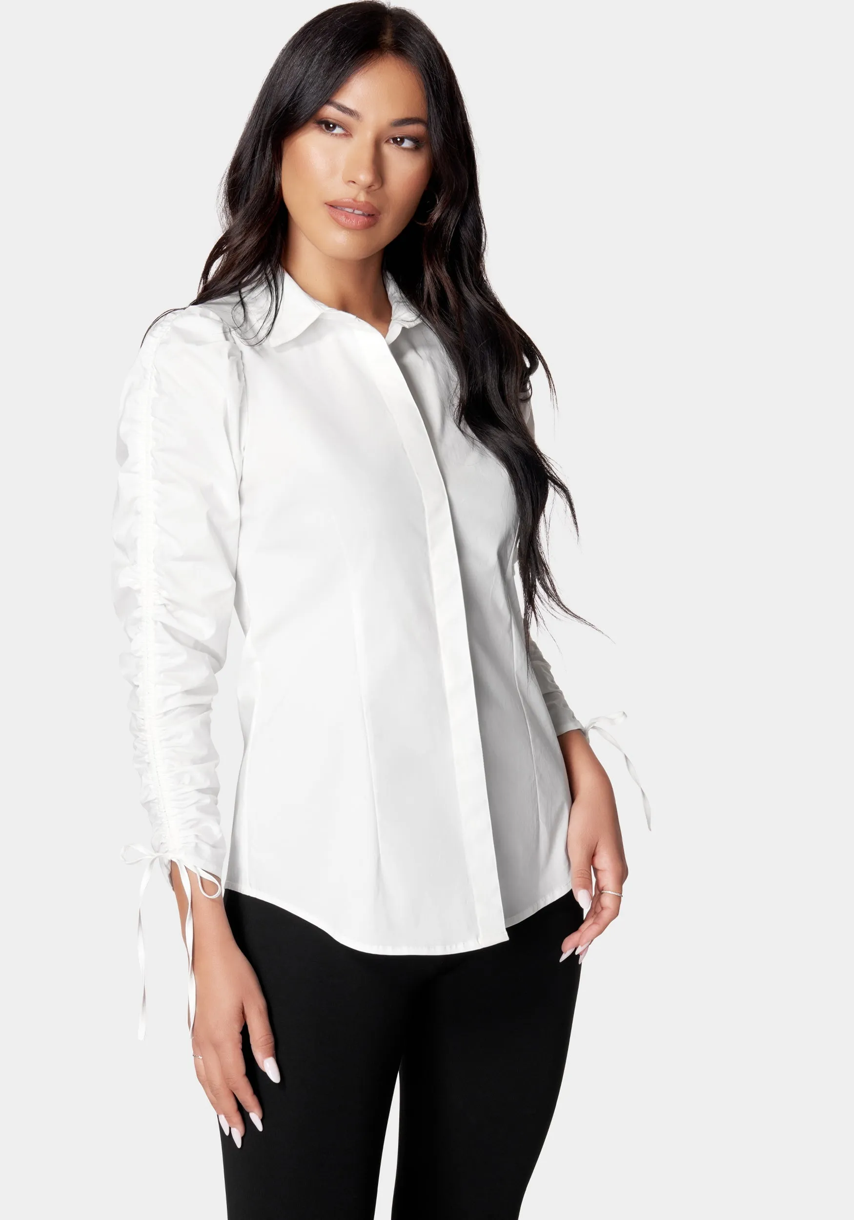 Ruched Sleeve Poplin Shirt sold by Bebe product image thumbnail 2