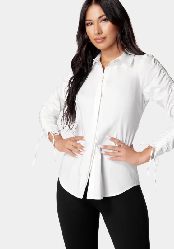 Ruched Sleeve Poplin Shirt sold by Bebe