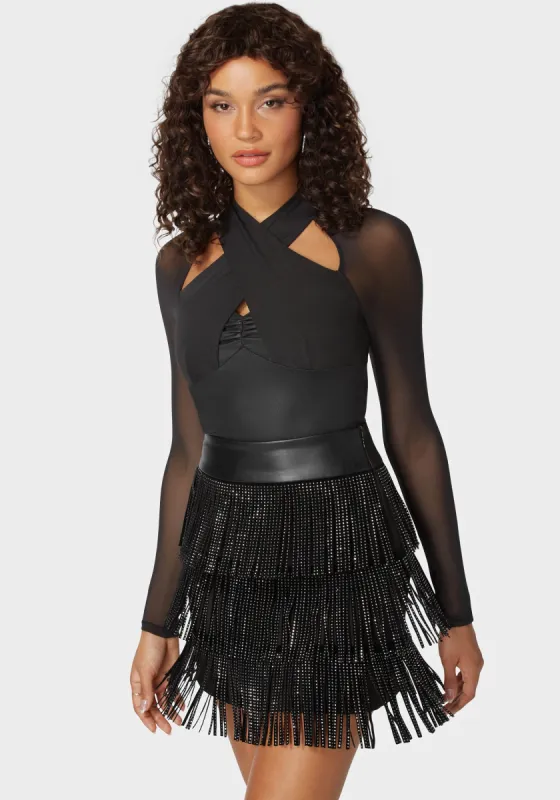 Coated Knit Combo Mesh Halter Neck Bodysuit sold by Bebe