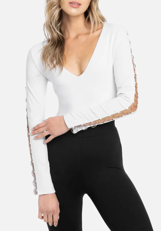Chain Detail Deep V Bodysuit sold by Bebe
