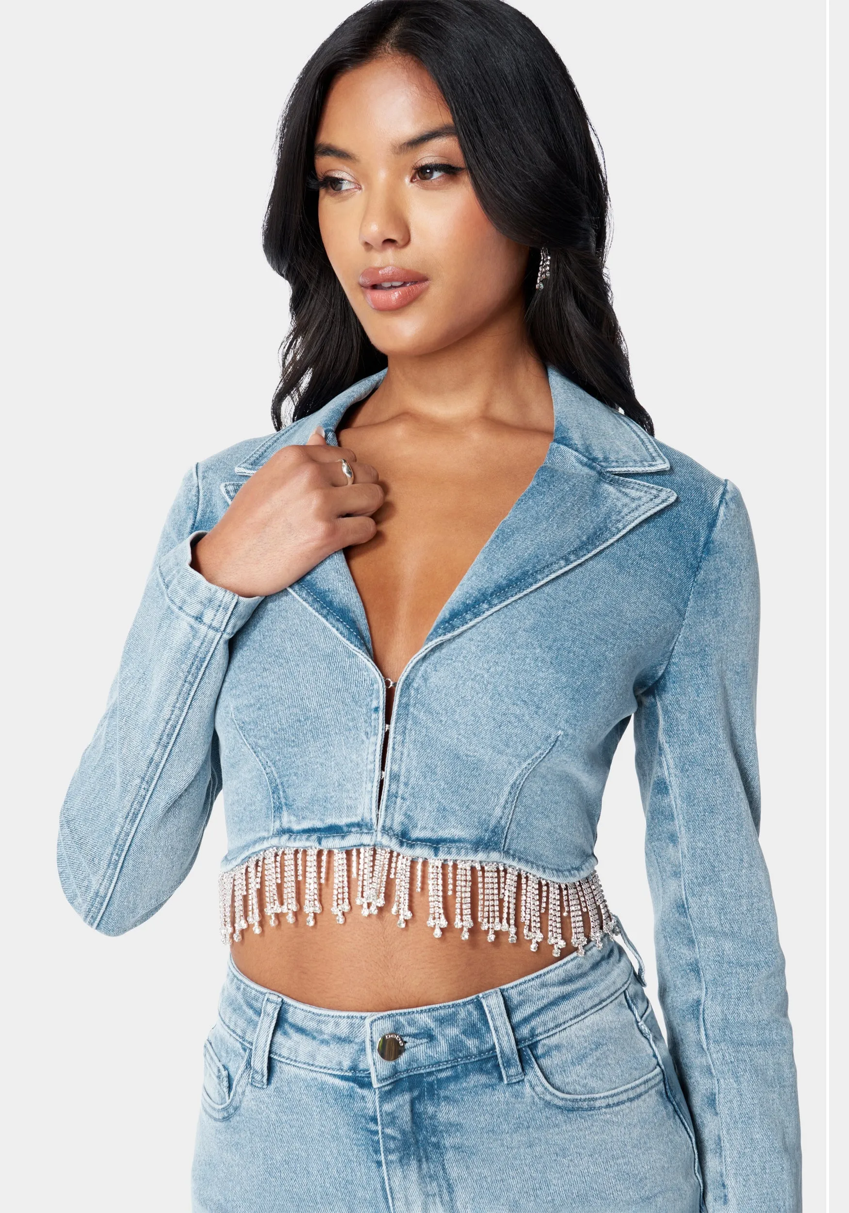 Rhinestone Hem Tailored Denim Jacket sold by Bebe product image thumbnail 4
