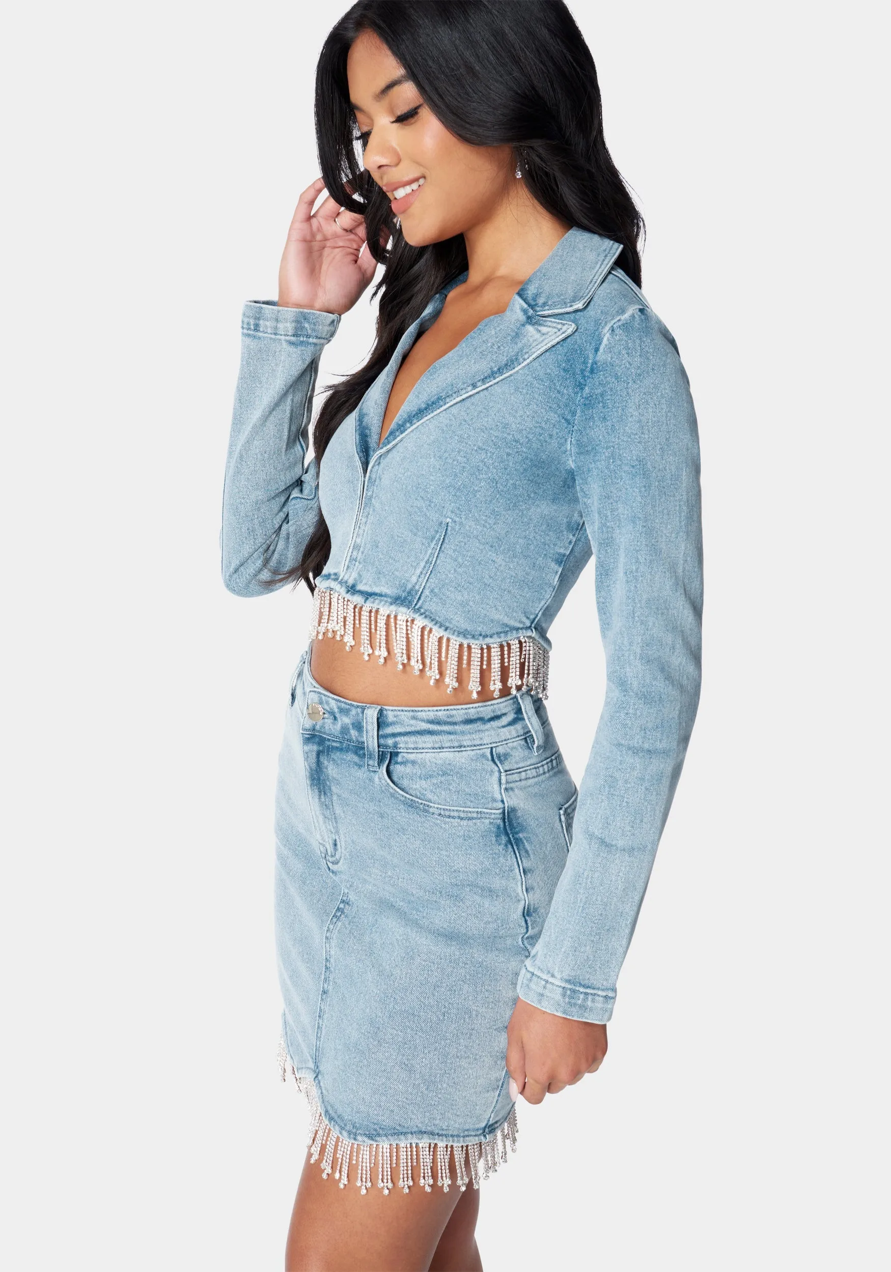 Rhinestone Hem Tailored Denim Jacket sold by Bebe product image thumbnail 2