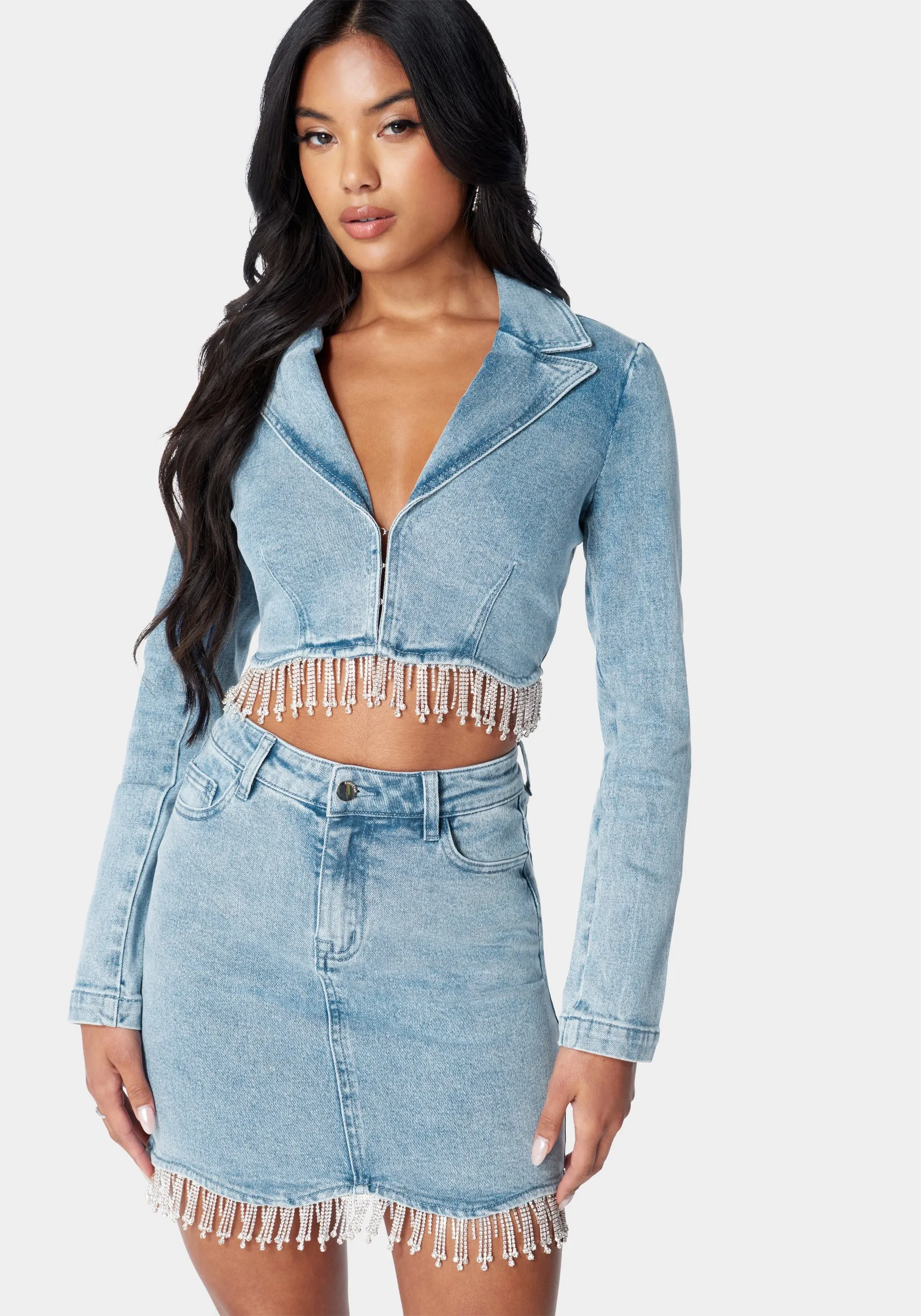 Rhinestone Hem Tailored Denim Jacket sold by Bebe