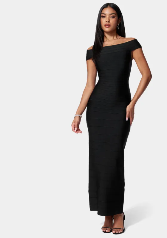 Luxe Bandage Off Shoulder Gown sold by Bebe