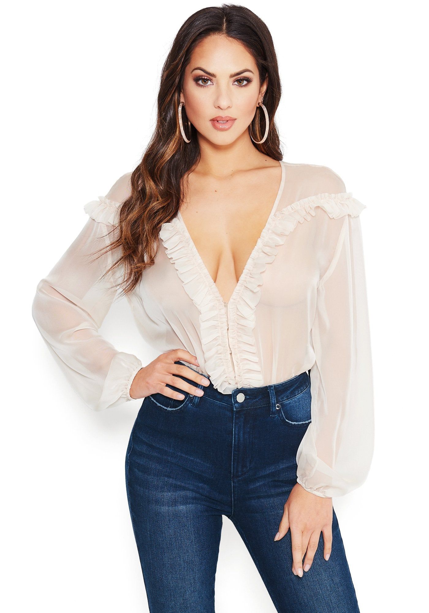 Ruffle Mesh Plunge Bodysuit sold by Bebe