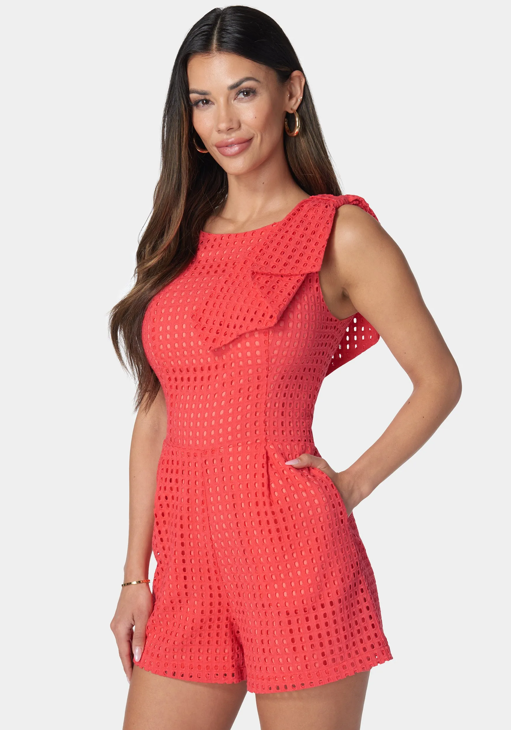 Eyelet Open Back Bow Detail Romper sold by Bebe product image thumbnail 2