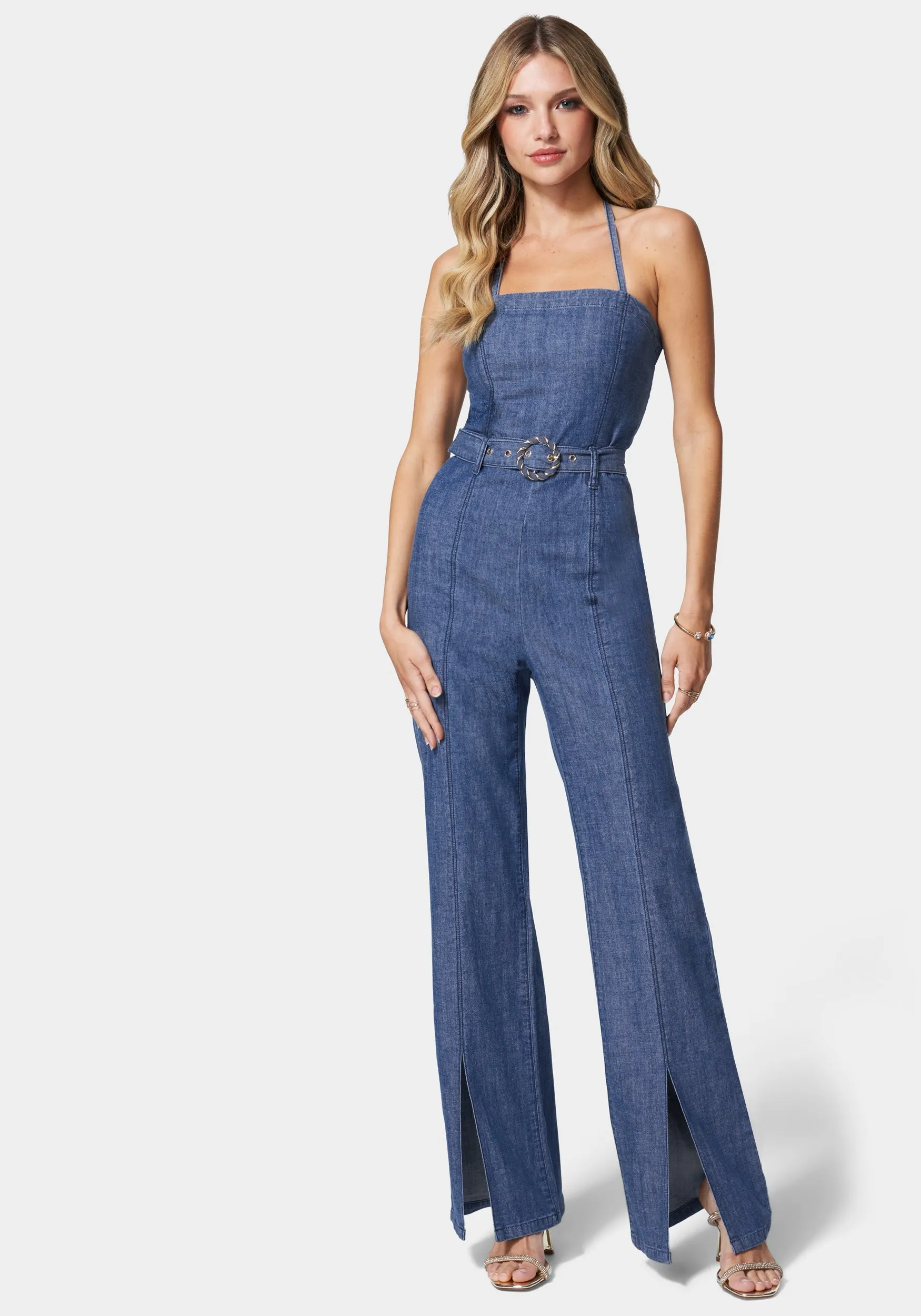Front Slit Belted Wide Leg Denim Jumpsuit sold by Bebe