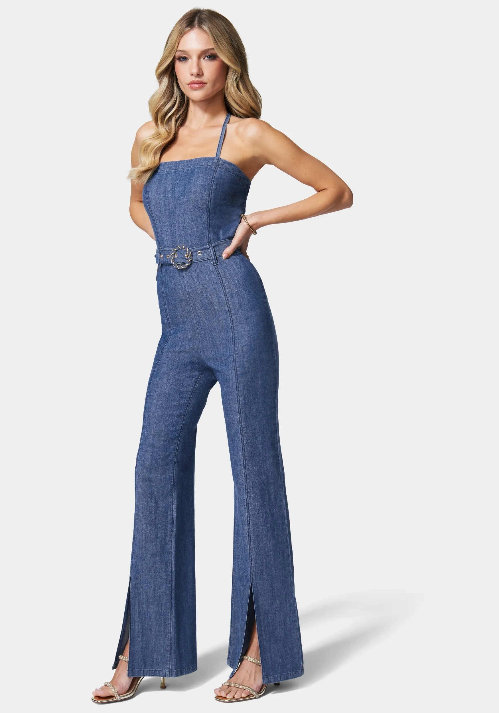 Front Slit Belted Wide Leg Denim Jumpsuit sold by Bebe product image thumbnail 2